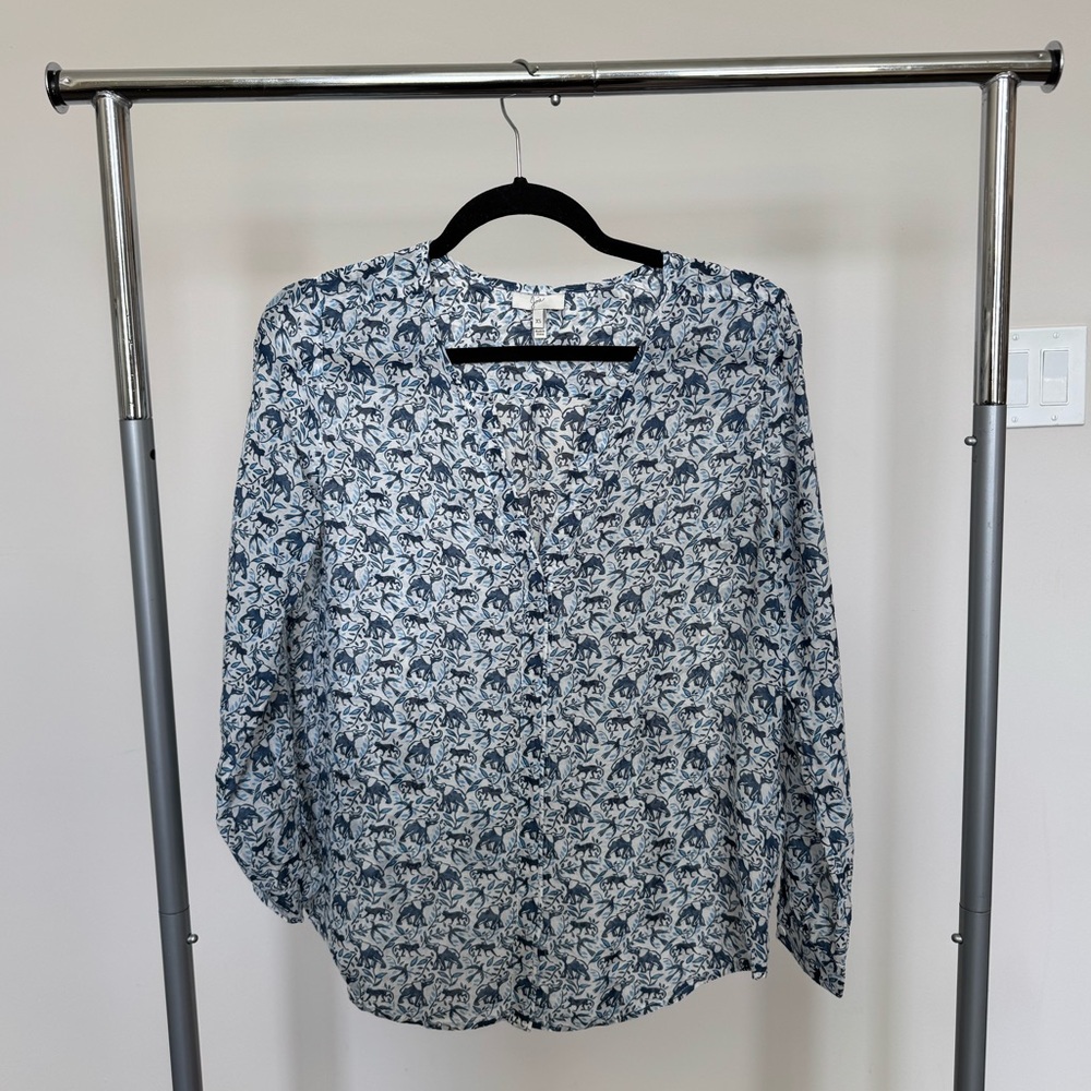 Joie Blue and White Long Sleeve Buttoned Blouse Animal Print